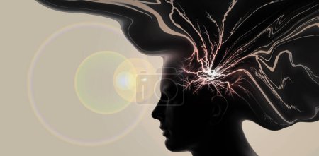 Foto de Cabeza humana coloreada con cerebro abstracto e ilustración beige en 3D. - Imagen libre de derechos