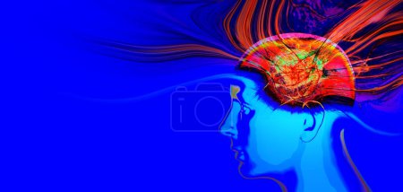 Foto de Cabeza humana coloreada con cerebro abstracto e ilustración en 3D de fondo negro - Imagen libre de derechos