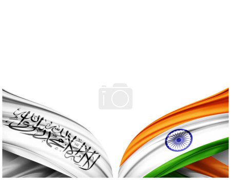 Foto de Bandera del Emirato Islámico de Afganistán y bandera de la India de seda y fondo blanco - Ilustración 3D - Imagen libre de derechos