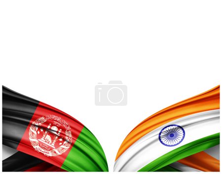 Foto de Bandera de Afganistán y bandera de la India de seda y fondo blanco - Ilustración 3D - Imagen libre de derechos