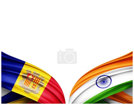 Téléchargez les photos : Drapeau d'Andorre et drapeau de l'Inde en soie et fond blanc - Illustration 3D - en image libre de droit
