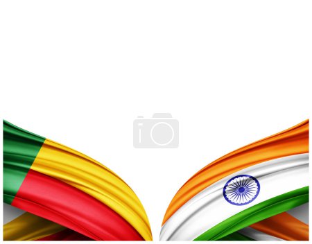 Téléchargez les photos : Drapeau du Bénin et drapeau de l'Inde en soie et fond blanc - illustration 3D - en image libre de droit