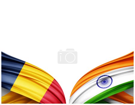 Foto de Bandera de Chad y bandera de la India de seda y fondo blanco - Ilustración 3D - Imagen libre de derechos