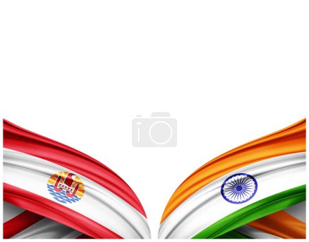 Téléchargez les photos : Drapeau Polynésie française et drapeau de l'Inde en soie et fond blanc - Illustration 3D - en image libre de droit