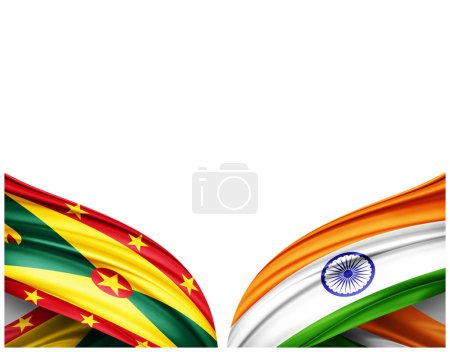 Téléchargez les photos : Drapeau de la Grenade et drapeau de l'Inde en soie et fond blanc - Illustration 3D - en image libre de droit