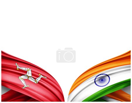 Téléchargez les photos : Drapeau de l'île de Mann et drapeau de l'Inde en soie et fond blanc - Illustration 3D - en image libre de droit