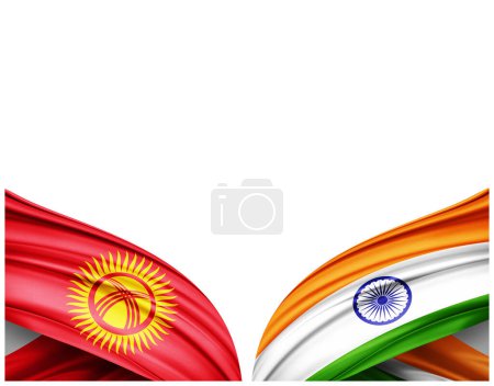 Foto de Bandera de Kirguistán y bandera de la India de seda y fondo blanco - Ilustración 3D - Imagen libre de derechos