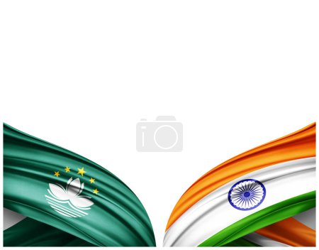 Foto de Bandera de Macao y bandera de la India de seda y fondo blanco - Ilustración 3D - Imagen libre de derechos
