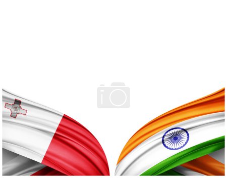 Téléchargez les photos : Drapeau de Malte et drapeau de l'Inde en soie et fond blanc - Illustration 3D - en image libre de droit