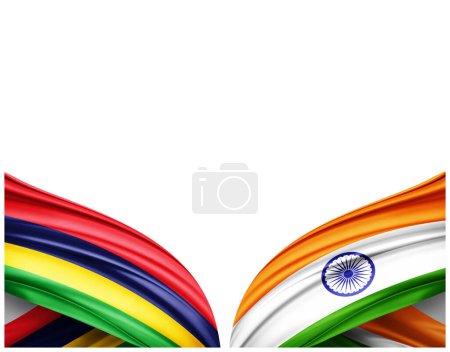 Foto de Bandera de Mauricio y bandera de la India de seda y fondo blanco - Ilustración 3D - Imagen libre de derechos