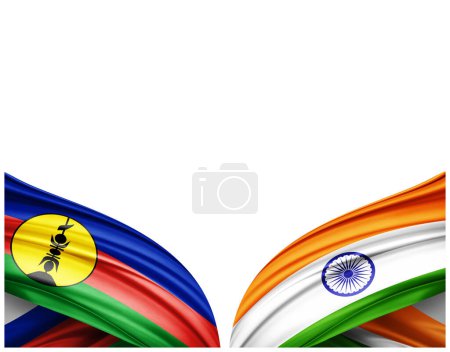 Foto de Bandera de Nueva Caledonia y bandera de la India de seda y fondo blanco - Ilustración 3D - Imagen libre de derechos