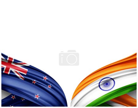 Téléchargez les photos : Drapeau de Nouvelle-Zélande et drapeau de l'Inde en soie et fond blanc - Illustration 3D - en image libre de droit