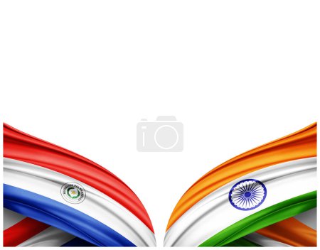 Foto de Bandera de Paraguay y bandera de la India de seda y fondo blanco - Ilustración 3D - Imagen libre de derechos