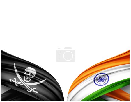 Foto de Bandera pirata y bandera de la India de seda y fondo blanco - Ilustración 3D - Imagen libre de derechos
