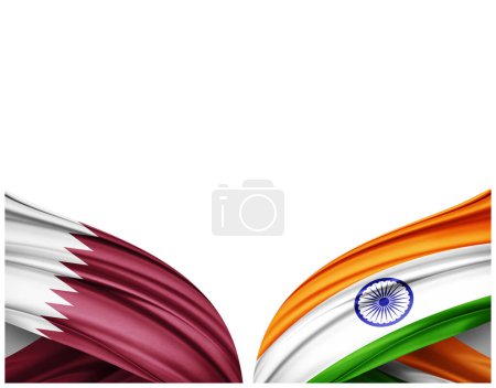 Foto de Bandera de Qatar y bandera de la India de seda y fondo blanco - Ilustración 3D - Imagen libre de derechos