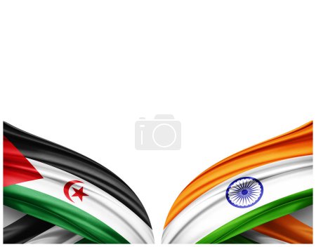 Foto de Bandera de la República Árabe Saharaui Democrática y Bandera de la India de seda y fondo blanco - Ilustración 3D - Imagen libre de derechos