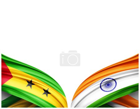 Téléchargez les photos : Drapeau Sao Tomé et drapeau de l'Inde en soie et fond blanc - Illustration 3D - en image libre de droit