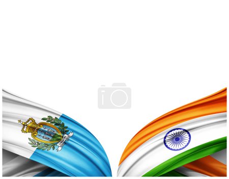 Foto de Bandera de San Marino y bandera de la India de seda y fondo blanco - Ilustración 3D - Imagen libre de derechos
