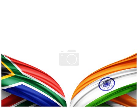 Foto de Bandera de Sudáfrica y bandera de la India de seda y fondo blanco - Ilustración 3D - Imagen libre de derechos