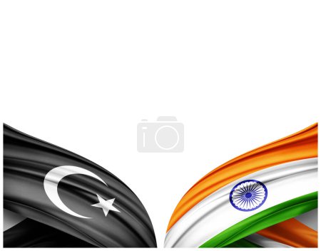 Foto de Bandera de estrella y media luna, símbolo de religión islámica y bandera de la India de seda y fondo blanco - Ilustración 3D - Imagen libre de derechos