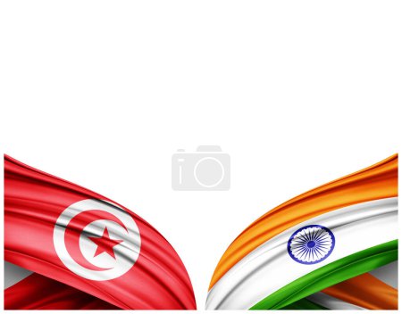 Foto de Bandera de Túnez y bandera de la India de seda y fondo blanco - Ilustración 3D - Imagen libre de derechos