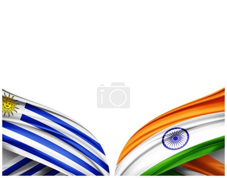 Foto de Bandera de Uruguay y bandera de la India de seda y fondo blanco - Ilustración 3D - Imagen libre de derechos