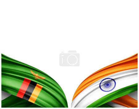 Foto de Bandera de Zambia y bandera de la India de seda y fondo blanco - Ilustración 3D - Imagen libre de derechos