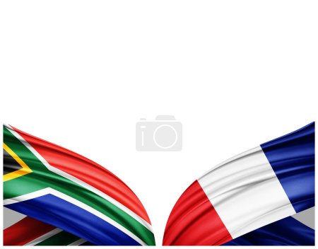 Foto de Sudáfrica y las banderas francesas de seda y fondo blanco - Ilustración 3D - Imagen libre de derechos