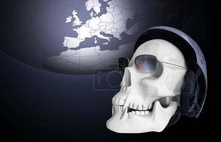 Photo for Human skull with glasses and helmet with world map background - Royalty Free Image
