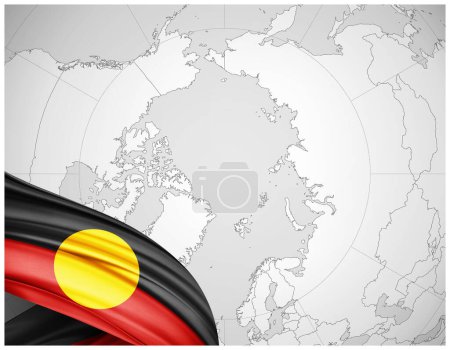Photo for Aboriginal Australia flag of silk with world map background-3D illustration - Royalty Free Image