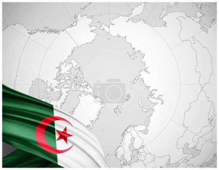 Téléchargez les photos : Algérie drapeau de soie avec fond de carte du monde-illustration 3D - en image libre de droit