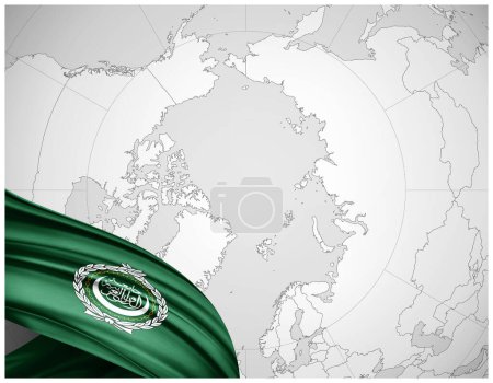 Foto de Bandera de seda de la Liga Árabe con mapa del mundo fondo-3D ilustración - Imagen libre de derechos