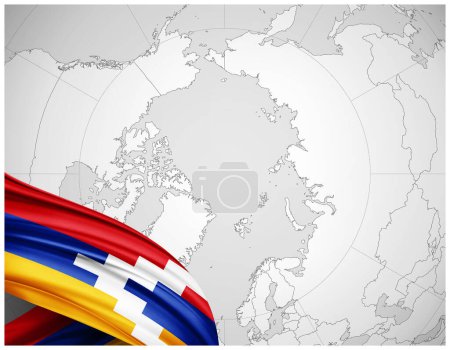 Foto de Bandera Artsaj de seda con mapa del mundo fondo-3D ilustración - Imagen libre de derechos