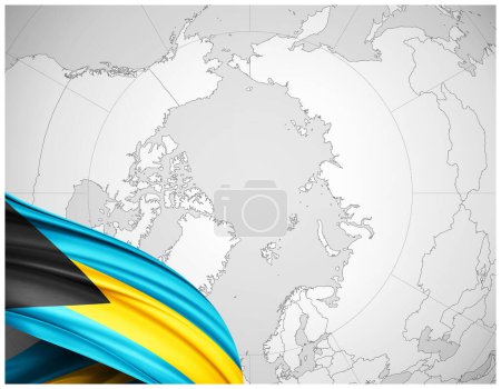 Téléchargez les photos : Drapeau des Bahamas en soie avec fond de carte du monde illustration 3D - en image libre de droit