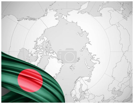 Téléchargez les photos : Drapeau Bangladesh en soie avec fond de carte du monde-Illustration 3D - en image libre de droit