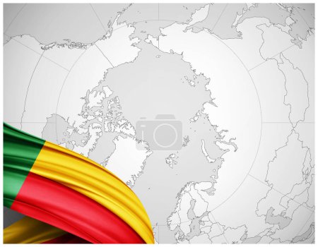 Foto de Bandera de Benín de seda con mapa del mundo de fondo-3D ilustración - Imagen libre de derechos
