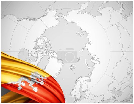 Photo for Bhutan flag of silk with world map background-3D illustration - Royalty Free Image
