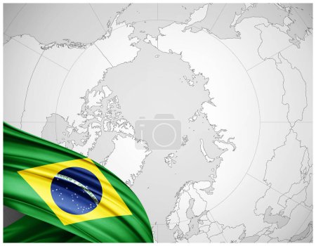 Foto de Bandera de Brasil de seda con mapa mundial de fondo-3D ilustración - Imagen libre de derechos