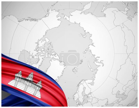 Photo for Cambodia flag of silk with world map background-3D illustration - Royalty Free Image