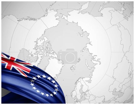 Téléchargez les photos : Iles Cook drapeau de soie avec fond de carte du monde-illustration 3D - en image libre de droit