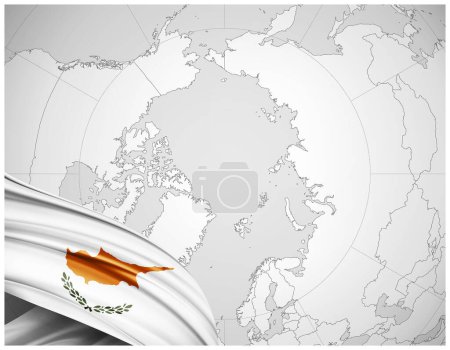 Téléchargez les photos : Chypre drapeau de soie avec fond de carte du monde-illustration 3D - en image libre de droit