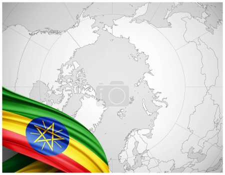 Téléchargez les photos : Éthiopie drapeau de soie avec fond de carte du monde-illustration 3D - en image libre de droit