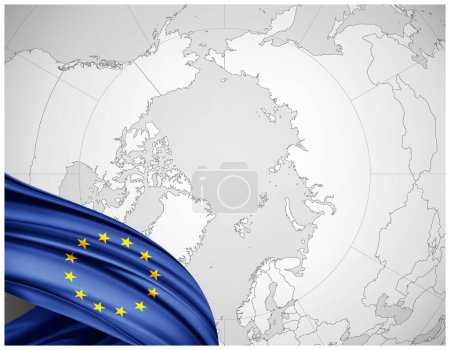 Téléchargez les photos : Union européenne drapeau de soie avec fond de carte du monde-illustration 3D - en image libre de droit