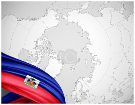 Photo for Haiti flag of silk with world map background-3D illustration - Royalty Free Image