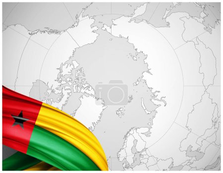 Photo for Guinea Bissau flag of silk with world map background-3D illustration - Royalty Free Image