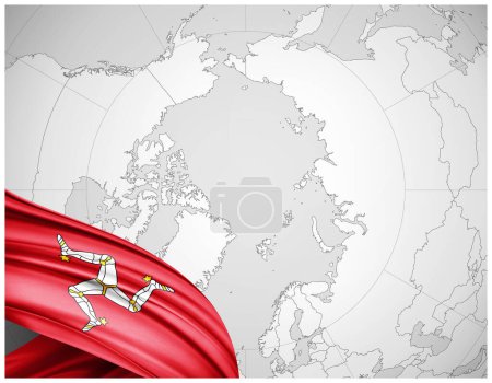 Photo for Isle of Mann flag of silk with world map background-3D illustration - Royalty Free Image
