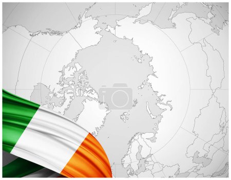 Téléchargez les photos : Irlande drapeau de soie avec fond de carte du monde-illustration 3D - en image libre de droit