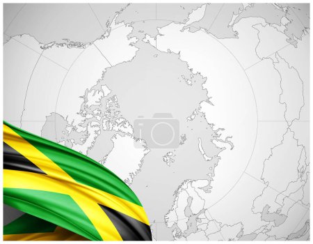 Téléchargez les photos : Drapeau Jamaïque en soie avec fond de carte du monde-Illustration 3D - en image libre de droit