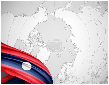 Foto de Bandera de Laos de seda con mapa del mundo fondo-3D ilustración - Imagen libre de derechos