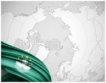 Téléchargez les photos : Macao drapeau de soie avec carte du monde fond-illustration 3D - en image libre de droit